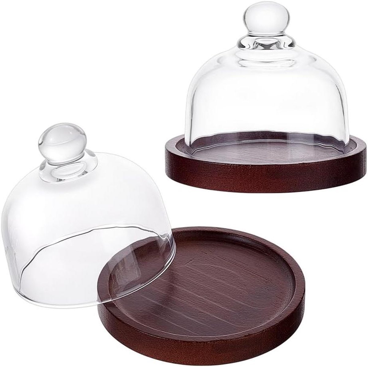 Kleine taartstandaard van glas en hout voor dessert en snacks 2 stuks