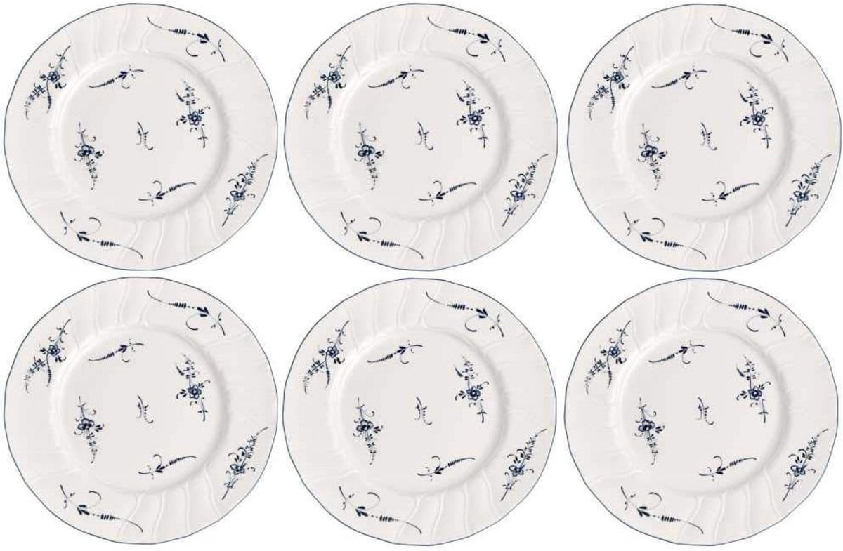 Set van 6 Platte Borden 26 cm Wit Blauw Porselein - Vaatwasmachinebestendig