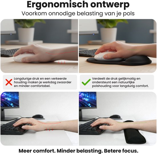 Vergelijking van polshouding met polssteun en zonder. Goede houding met polssteun.