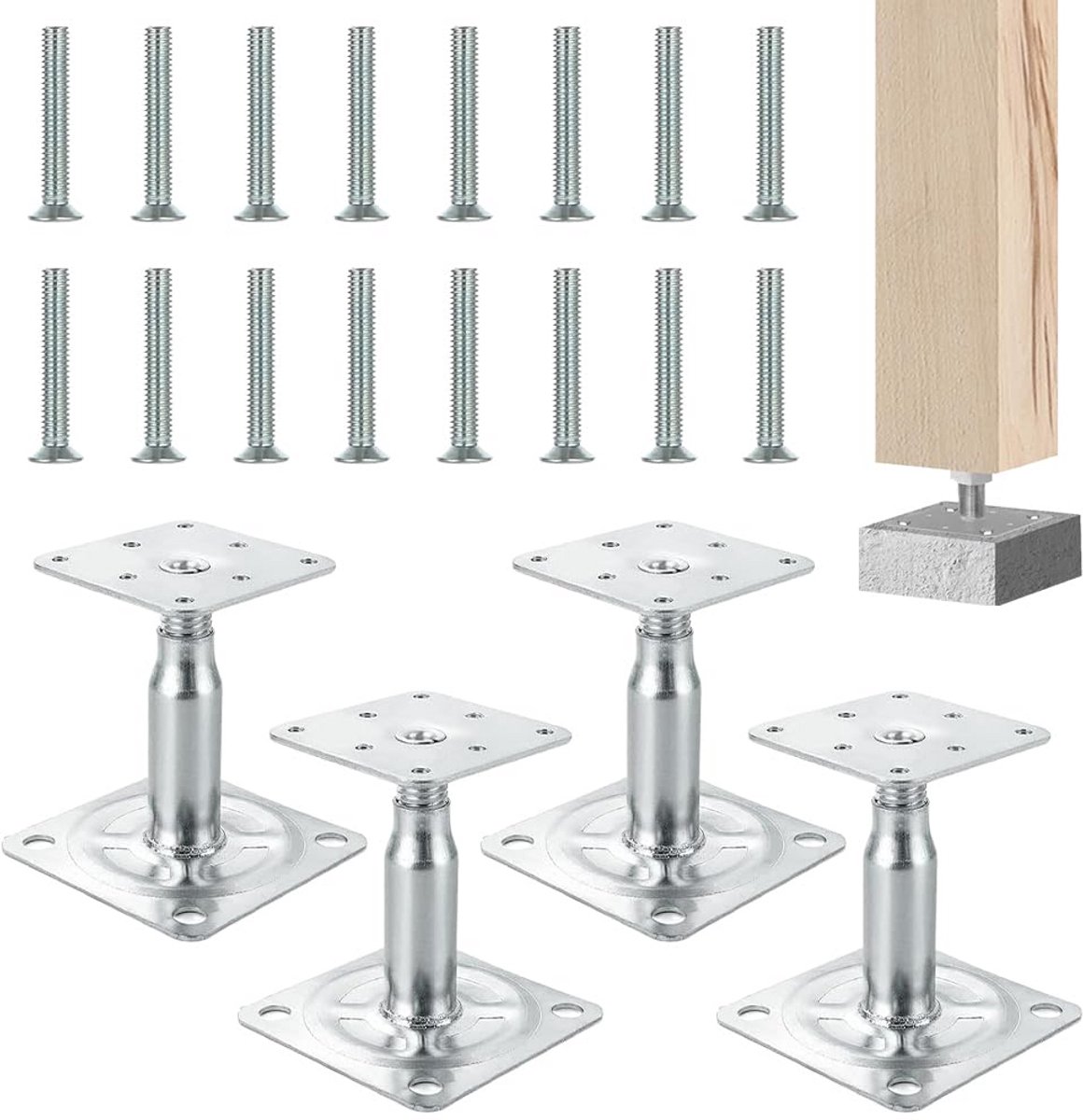 Set van 4 Verstelbare Betonvoeten voor Palen en Steunen, 100-130 mm