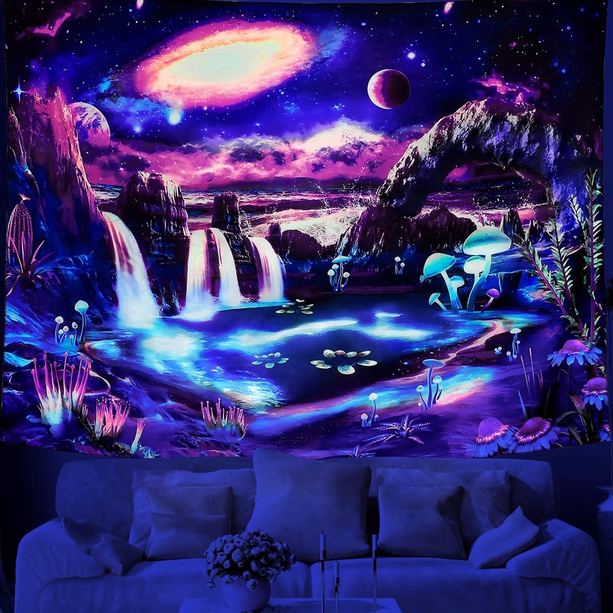 UV Reactief Galaxy Planeet Waterval Landschap Wandtapijt voor Zwart Licht Effect