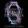 Boekhoes met de titel "The Mirror of Infinite Endings" in sierlijke witte letters, met een sierlijk frame in paars en blauw. Achtergrond met sterren en nevel.