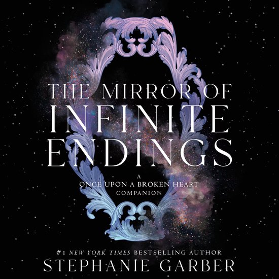 Boekhoes met de titel "The Mirror of Infinite Endings" in sierlijke witte letters, met een sierlijk frame in paars en blauw. Achtergrond met sterren en nevel.