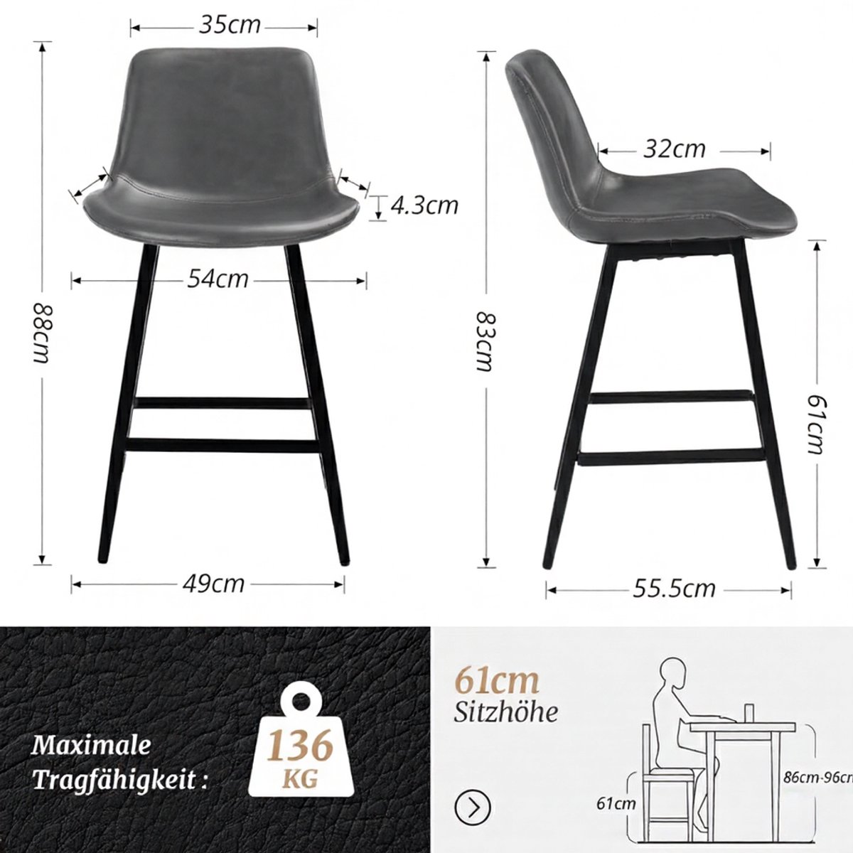 Barkrukken Set van 2 – House&Garden Moderne Barstoelen Grijs – Kunstleren Zitting met Rugleuning – 61 cm Hoog – 4 Metalen Poten – Keuken- en Toonbankstoelen – Comfortabel & Ergonomisch
