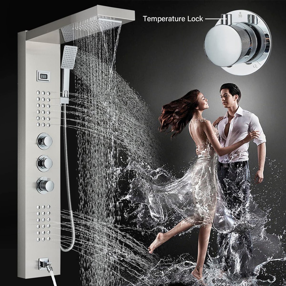 Douchekolom Geborsteld Thermostatisch – Badkamerdouche Compleet Douchesysteem met Regendouche, Handdouche, Lichaamsdouche en Digitale Temperatuurweergave