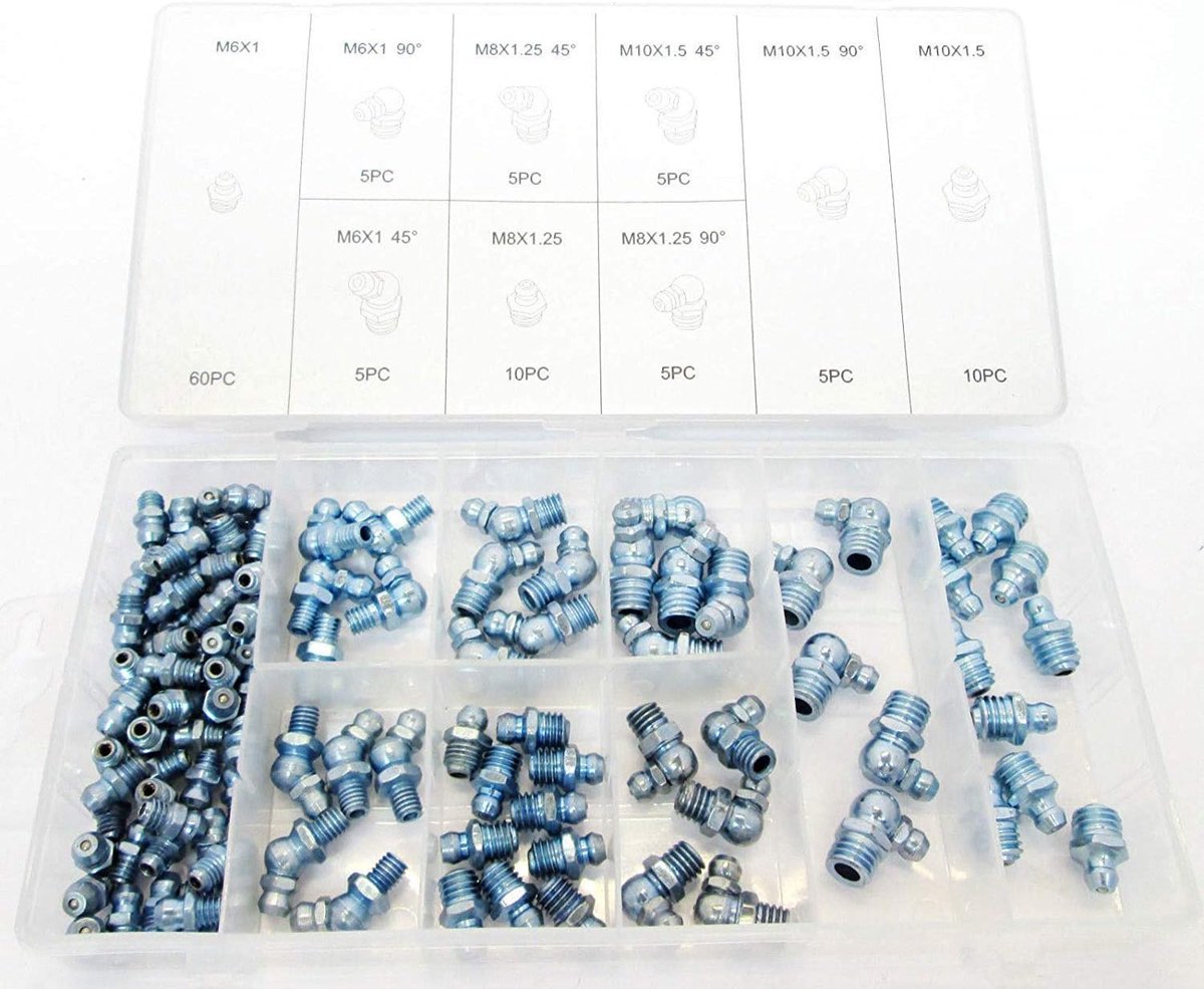 Assortiment van 110 vetpistool fittingen voor verschillende aansluitingen