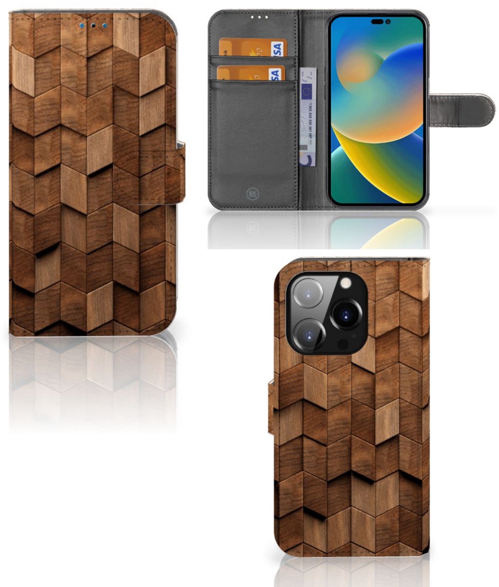 Book Style Case voor iPhone 14 Pro Wooden Cubes