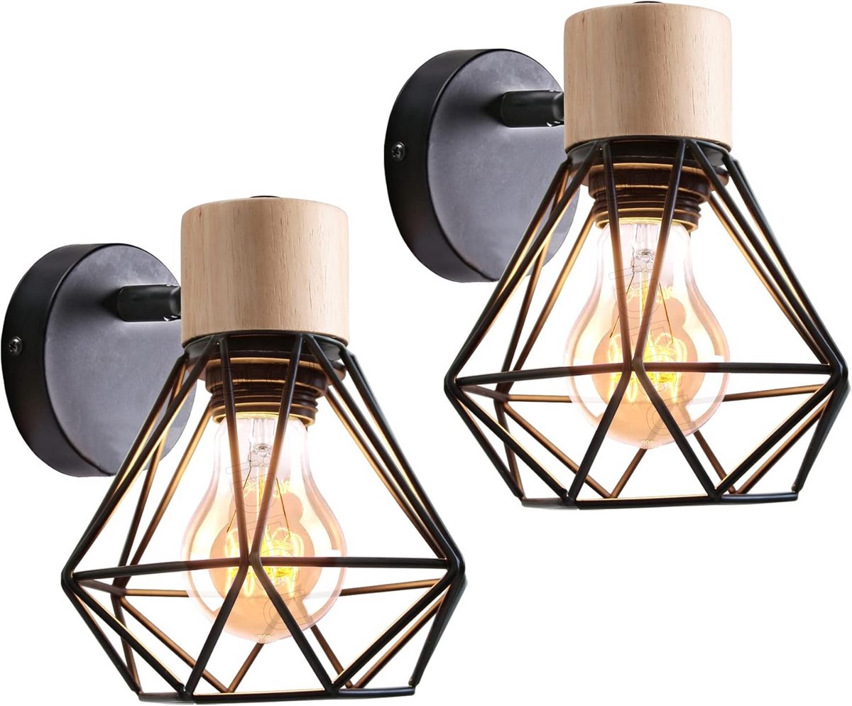 Set van 2 industriele wandlampen met kooi-design en verstelbaar houtmetaal, vintage binnenverlichting