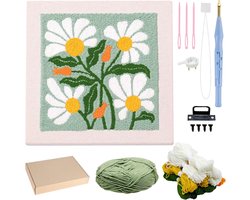 Allazone Punch Naald borduurset frame, ponsnaaldsets, vierkante stof met bloempatroon, hoepel, garens (beige en geel)