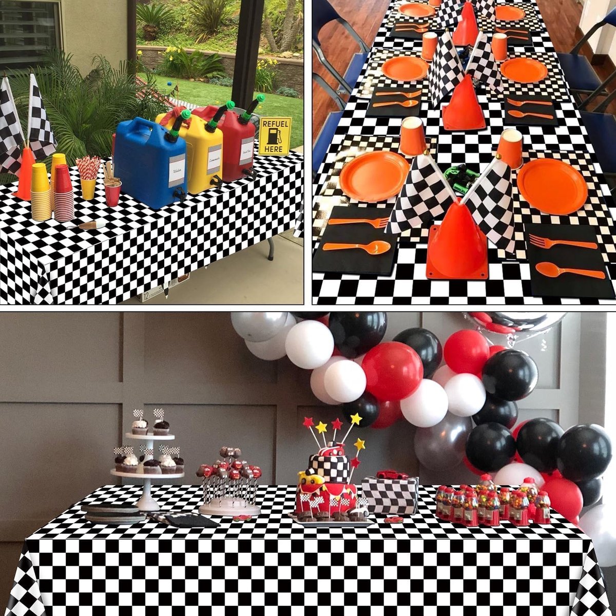 Racing Car Tafelkleden Set van 4 - Zwart/Wit Geruit - Versiering voor Verjaardagsfeestjes