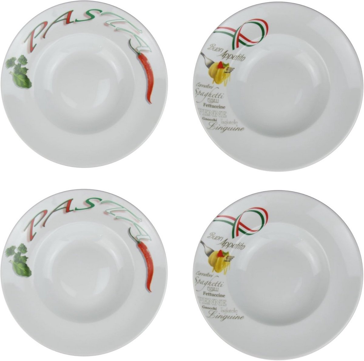 Set van 4 XL pastaborden met decoratie - 30 cm, inclusief lepels