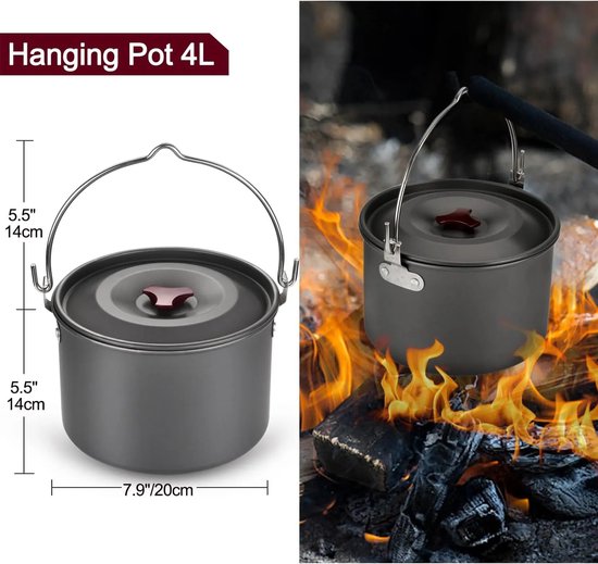 22-delige Camping Kookgerei Mess Kit – Grote Hangpot Pannen Ketel – Voor 4 Personen – Buitenkoken, Camping, Picknick — afbeelding 5