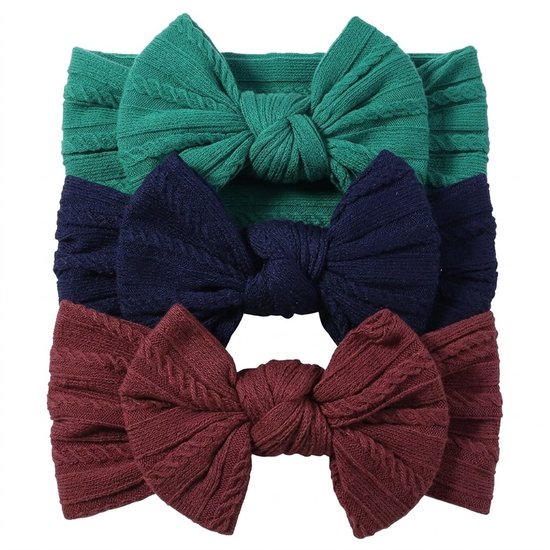 Baby haarband set met strik – 3 stuks – zachte elastische haarbanden in groen, donkerblauw en bordeaux – comfortabele baby accessoires voor meisjes
