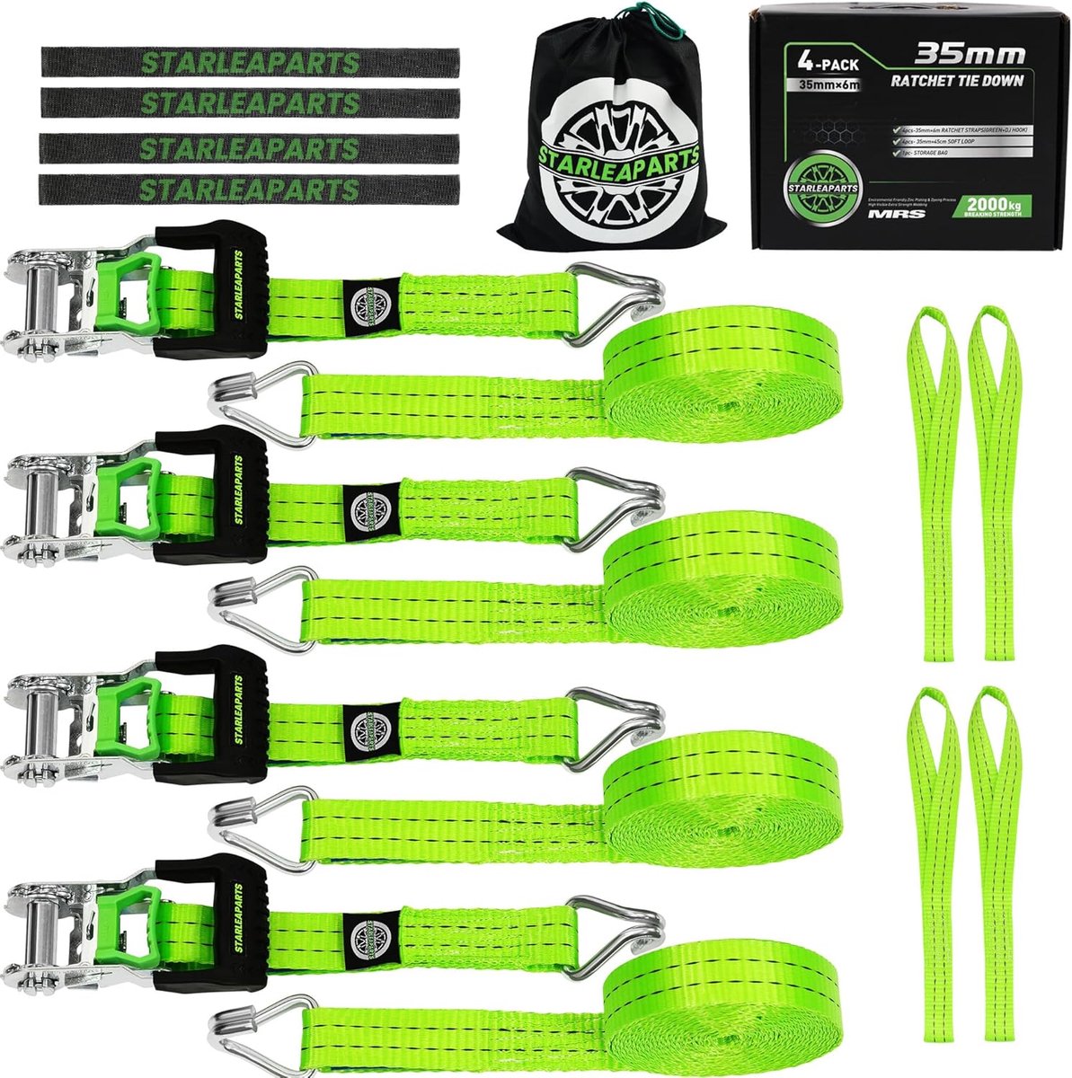 Set van 4 Ratelbanden 6 m x 35 mm Professionele Lashing Straps 2000 kg voor Auto Transport