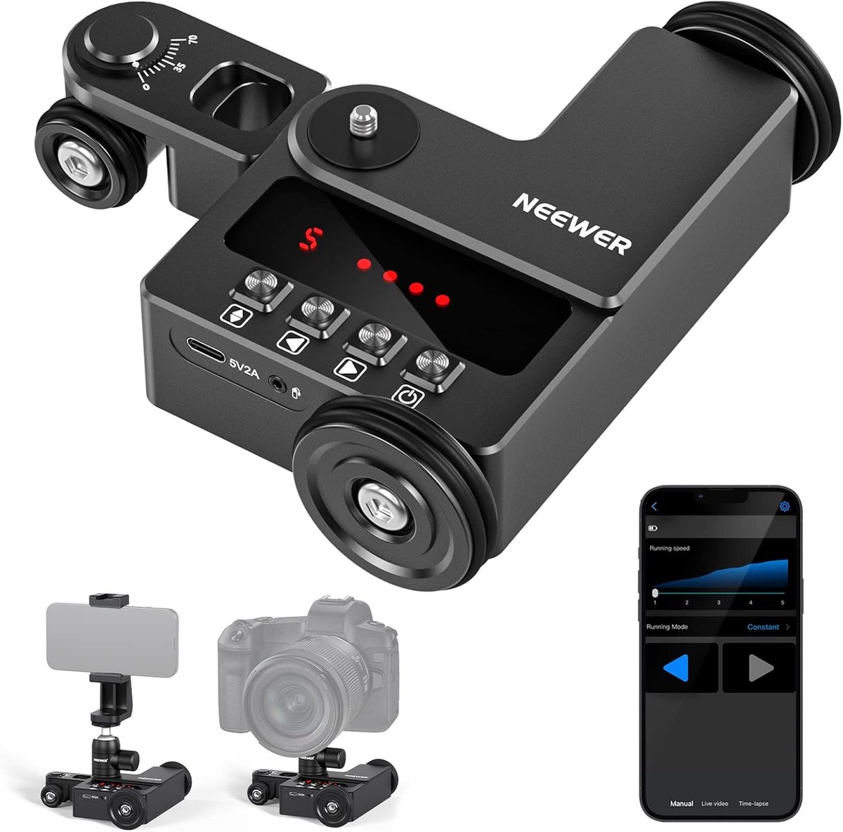 Gemotoriseerde camerawagen met app-besturing voor mobiele telefoons - Stille tafelslider met 5 snelheidsniveaus voor videografie