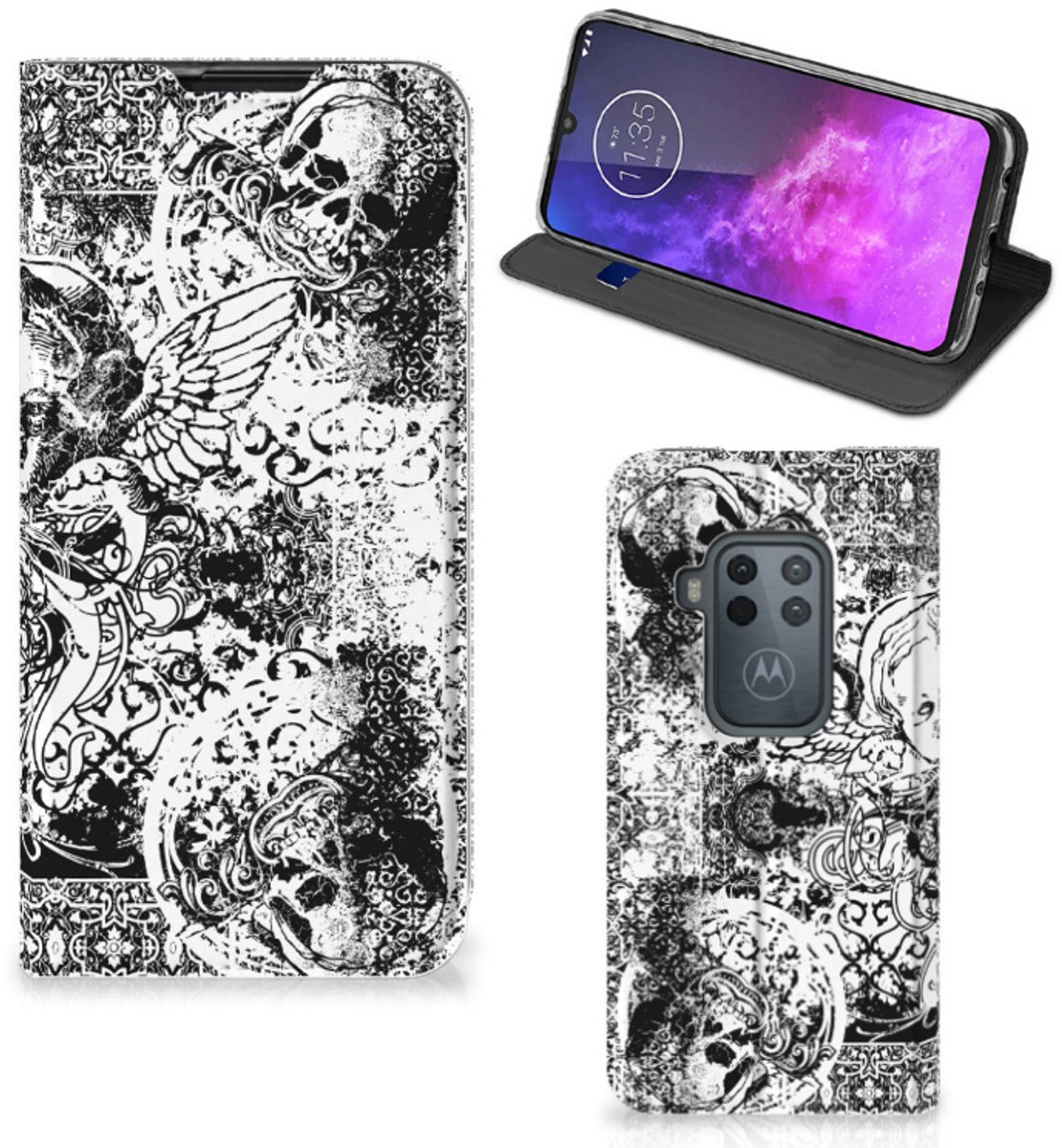 Mobiel BookCase Motorola One Zoom Skulls Angel