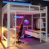FloraGrace Hoogslaper 140x200 cm - Met USB en LED - Met Bureau en 3 Laden - Zonder Matras - Metaal en MDF - Wit