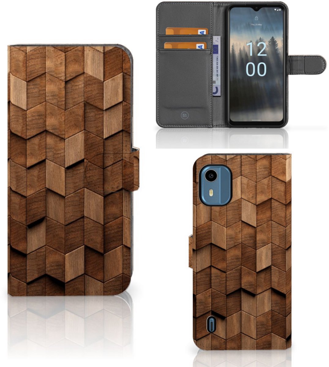 Book Style Case voor Nokia C12 Wooden Cubes