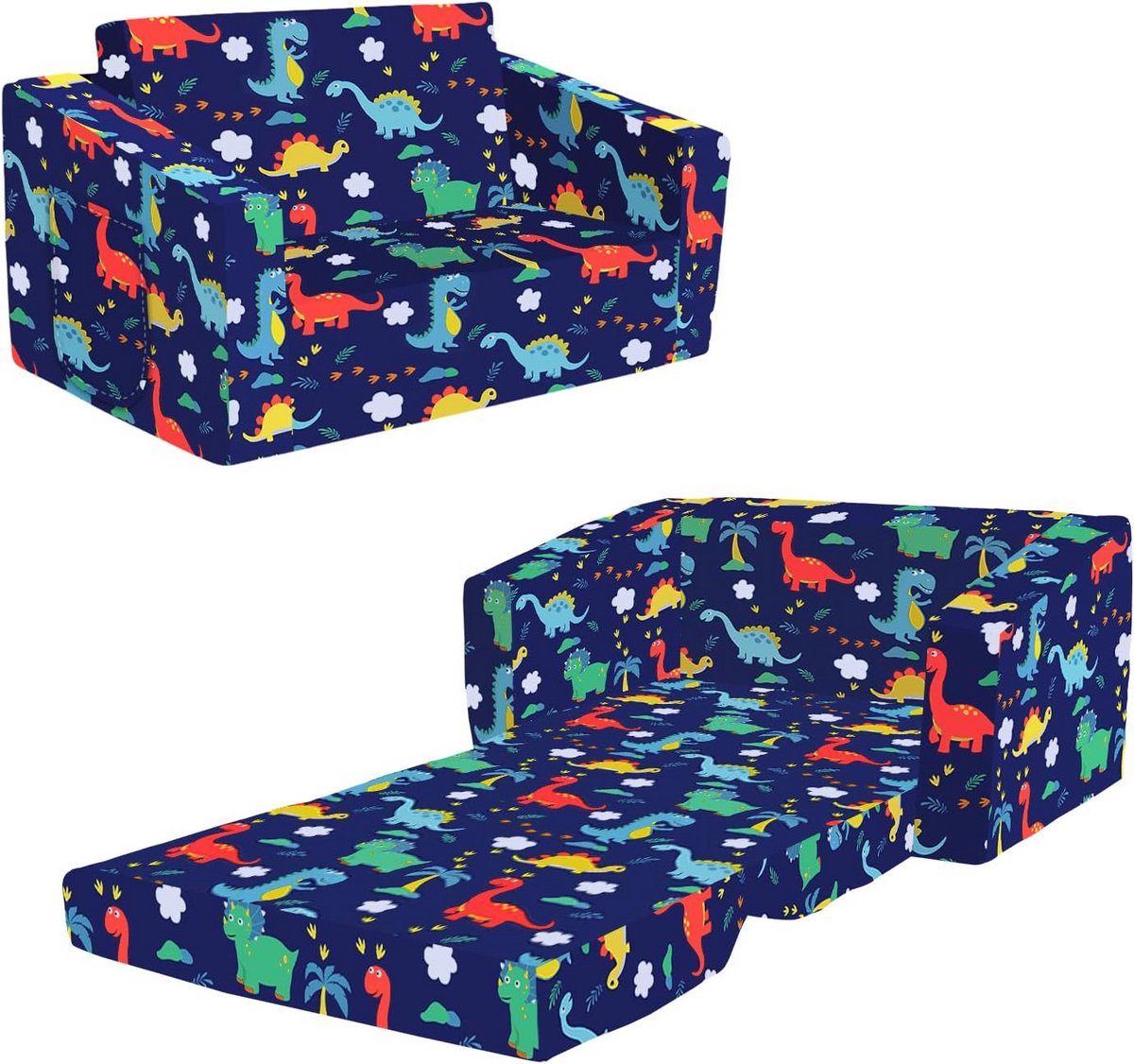 Opvouwbare kinderbank en peuterstoel 2 in 1 - Converteerbare ligstoel voor kinderen in een leuke dinosaurusprint
