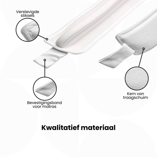 Detail van de matraswig die de verstevigde stiksels en de bevestigingsband van traagschuim laat zien.