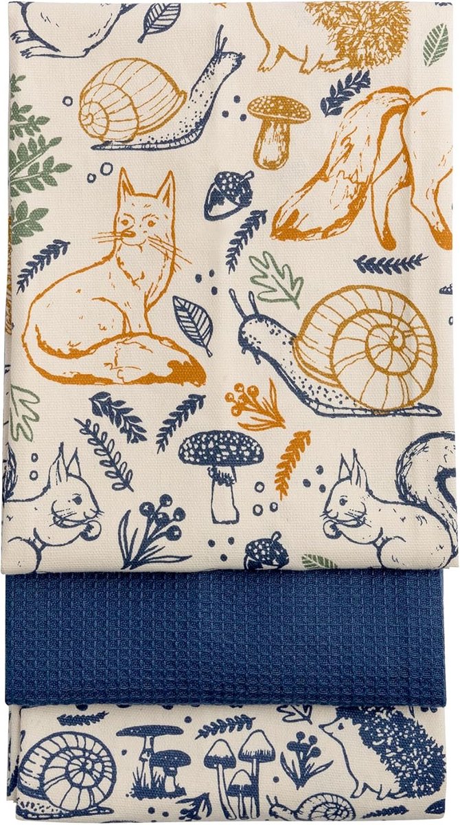 Set van 3 theedoeken met bosillustraties