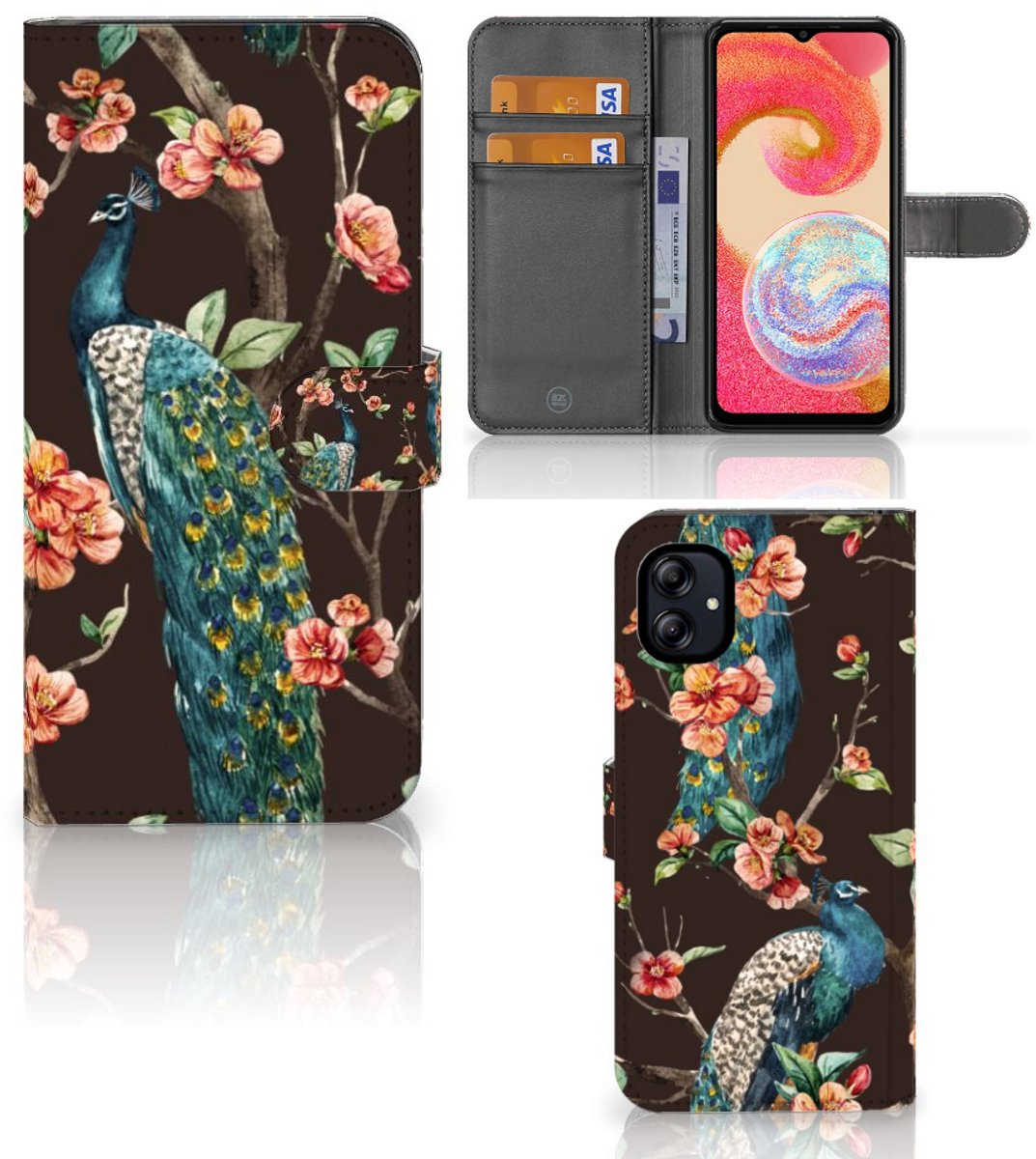 Samsung Galaxy A04e Telefoonhoesje met Pasjes Pauw met Bloemen