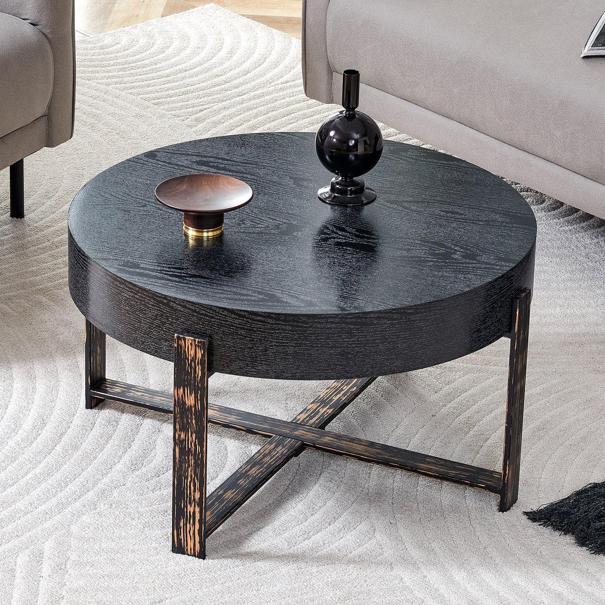 Wishdor Ronde Bijzettafel - Kruispoot En Houtnerf - Modern Minimalistisch - Voor Woonkamer Of Slaapkamer - MDF En Metaal - Zwart - Ø 68 x H 39 cm
