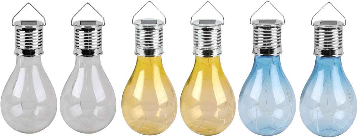 Solar sfeer tuin hanglampje - 6x stuks - wit / geel / blauw - 15 cm - kunststof - sfeerver