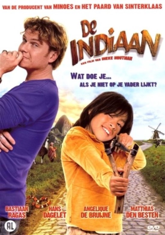 De Indiase poster toont een blonde man in paarse trui en een jongen in oranje trui met katapult.