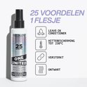 Flacon spray Redken One United avec des icônes illustrant 25 bénéfices : soin sans rinçage, protection thermique jusqu'à 230°C, renforce, démêle.