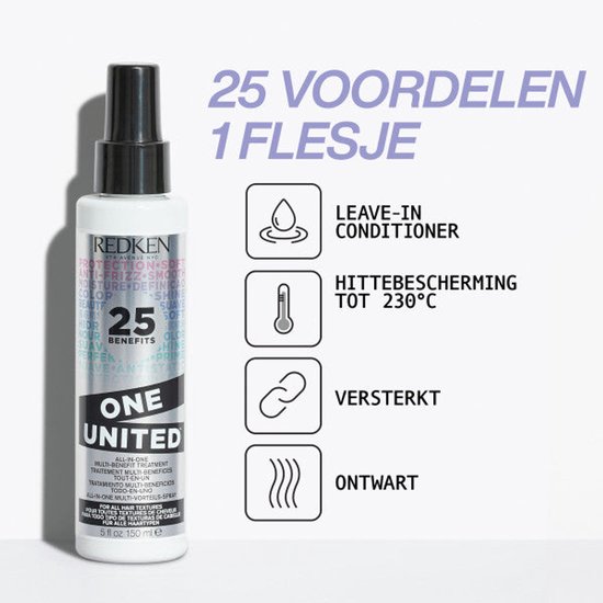 Flacon spray Redken One United avec des icônes illustrant 25 bénéfices : soin sans rinçage, protection thermique jusqu'à 230°C, renforce, démêle.
