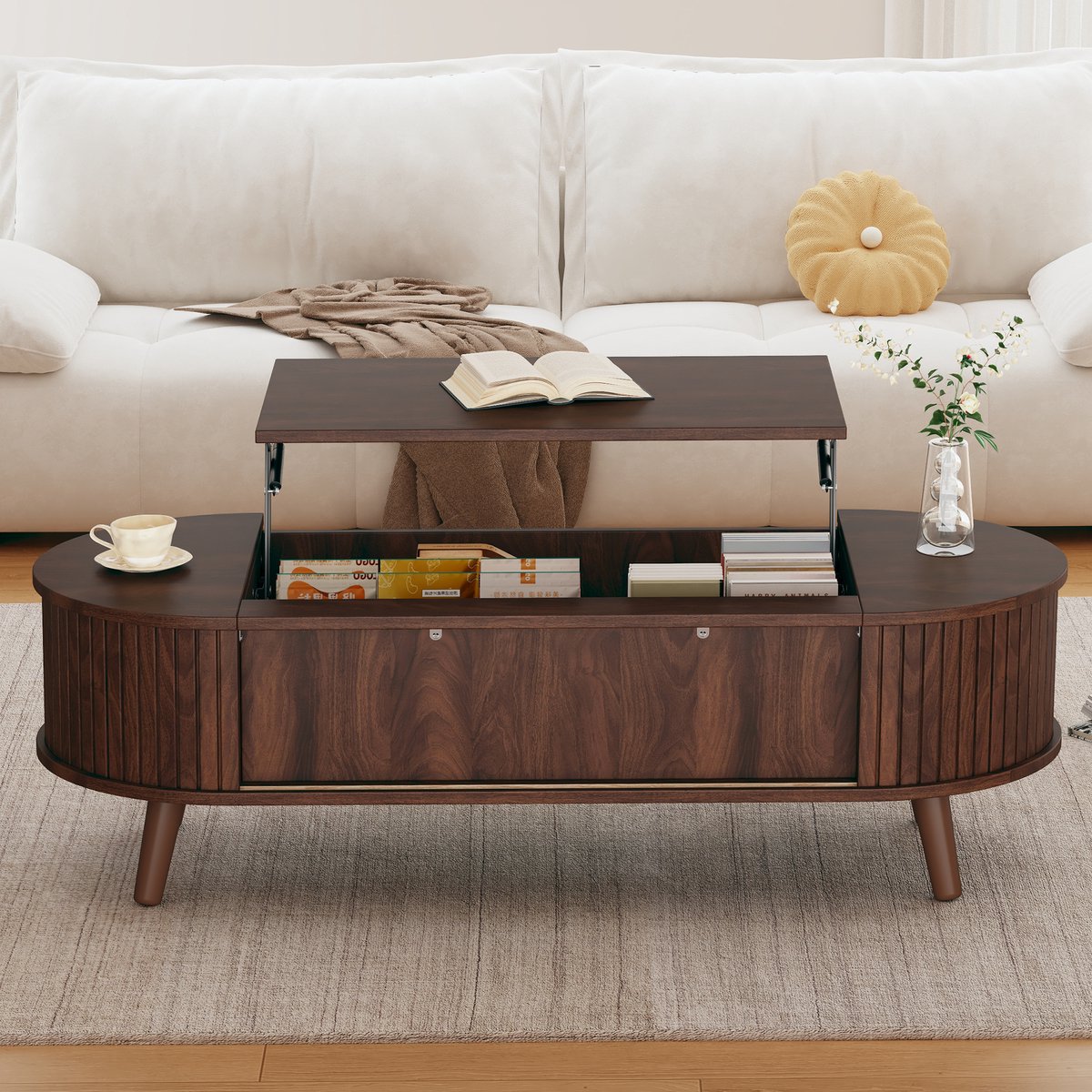 REDOM - Salontafel - Verstelbaar Hefblad En Verborgen Opbergruimte - Modern - Woonkamer - MDF - Walnootkleur - 120 X 50 X 39,5 Cm
