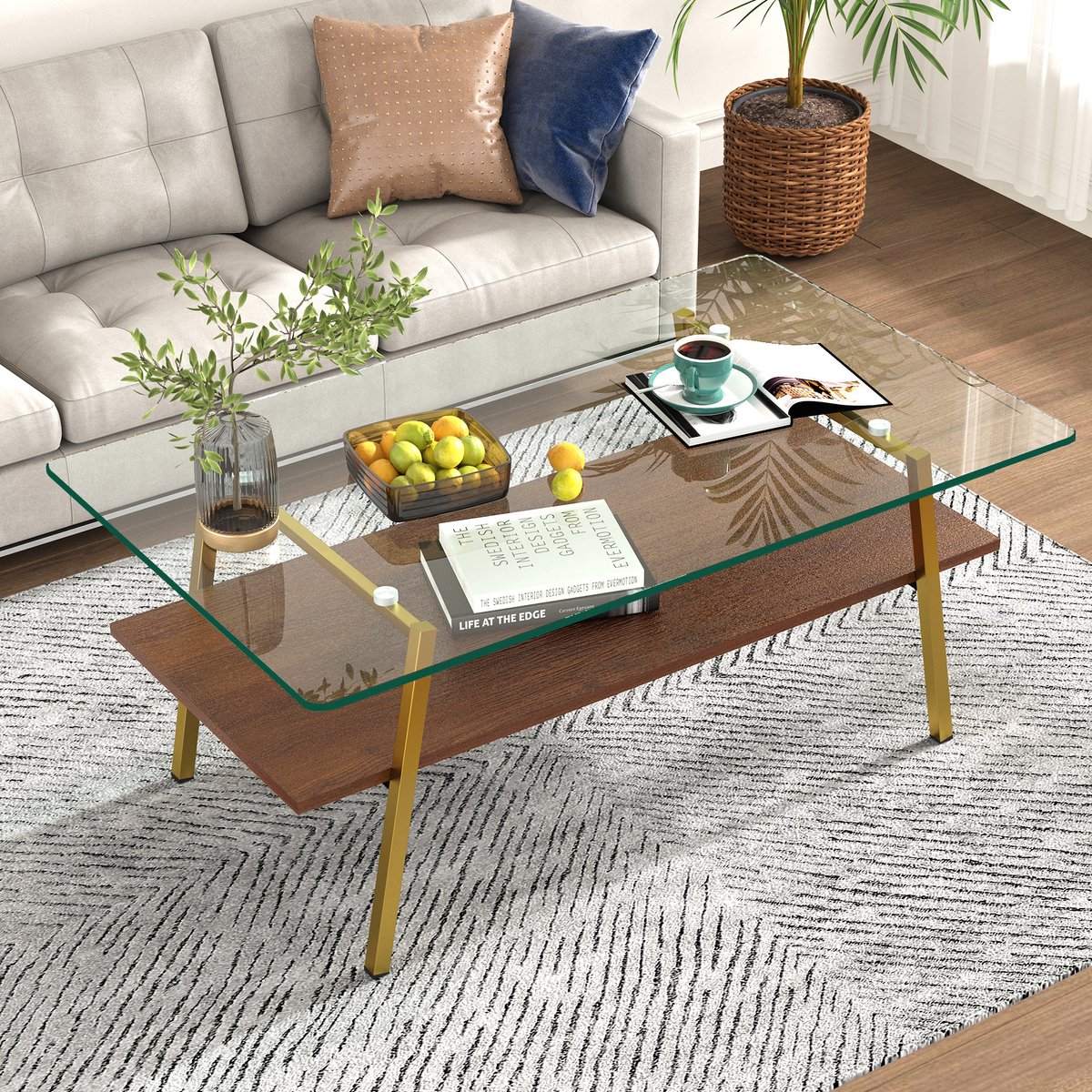 REDOM - Salontafel - Gehard glazen tafelblad - Rechthoekig met opbergplank - Metalen poten - Modern - Woonkamer - MDF en glas - Bruin en goud - 98 x 58 x 42,5 cm