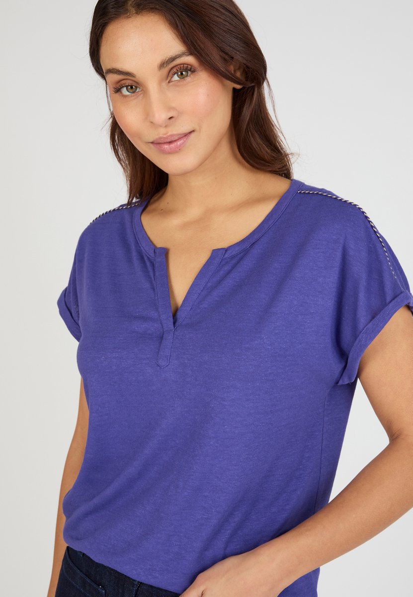 Damart - T-shirt linnenmix geweven details - Dames - Blauw - L