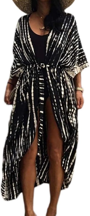 Maxi kimono met zwart-witte tie-dye print, riem in de taille en hoge split.