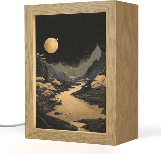 Lampe de table à LED avec cadre en bois, représentant une rivière dorée, des montagnes, la lune et un ciel étoilé.