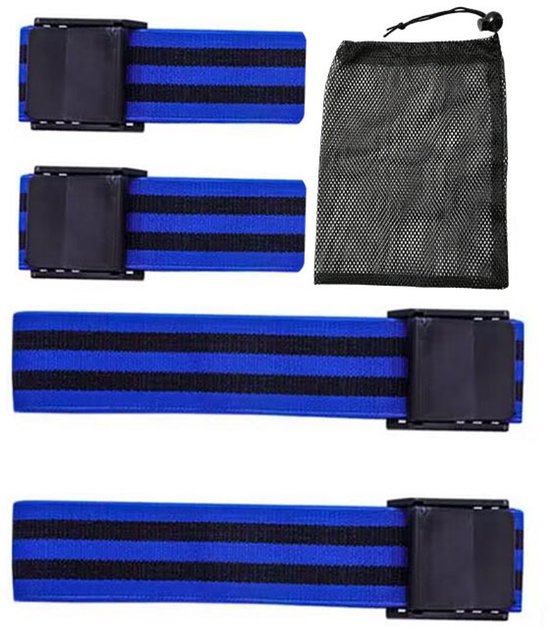 Set van 4 elastische banden voor benen, armen en heupen, die de bloedtoevoer beperken en helpen bij het opbouwen van spierkracht, het trainen van je dijen, billen en bij squats. Hoogwaardige elastische banden - blauw.