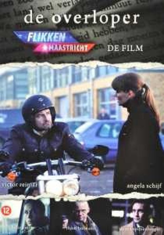 Filmcover 'Flikken Maastricht - De Overloper'. Man op motorfiets naast vrouw. Kleine portretten onderaan.