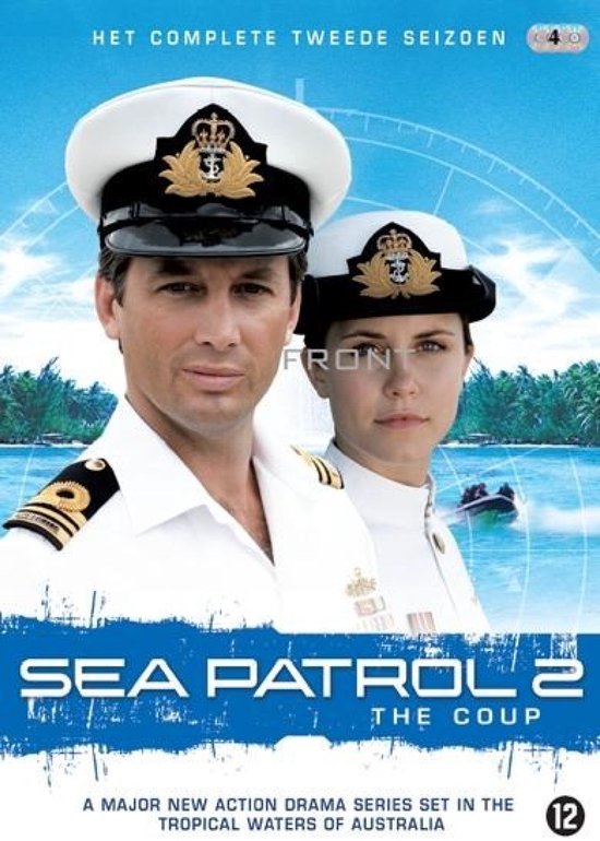 Twee marineofficieren in wit uniform poseren voor de kustlijn, met het logo 'Sea Patrol 2 The Coup' op de voorkant.