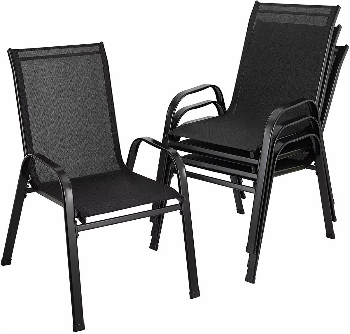 Tuinstoelen Set van 4 – Stapelbare Stoelen met Hoge Rugleuning – Stalen Frame en Teslin Zitting – Zwart – Voor Tuin, Balkon en Camping