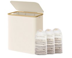 SONGMICS LCB515W01 - Wasmand met Deksel - 3 Vakken - Uitneembare Waszak - Opvouwbaar