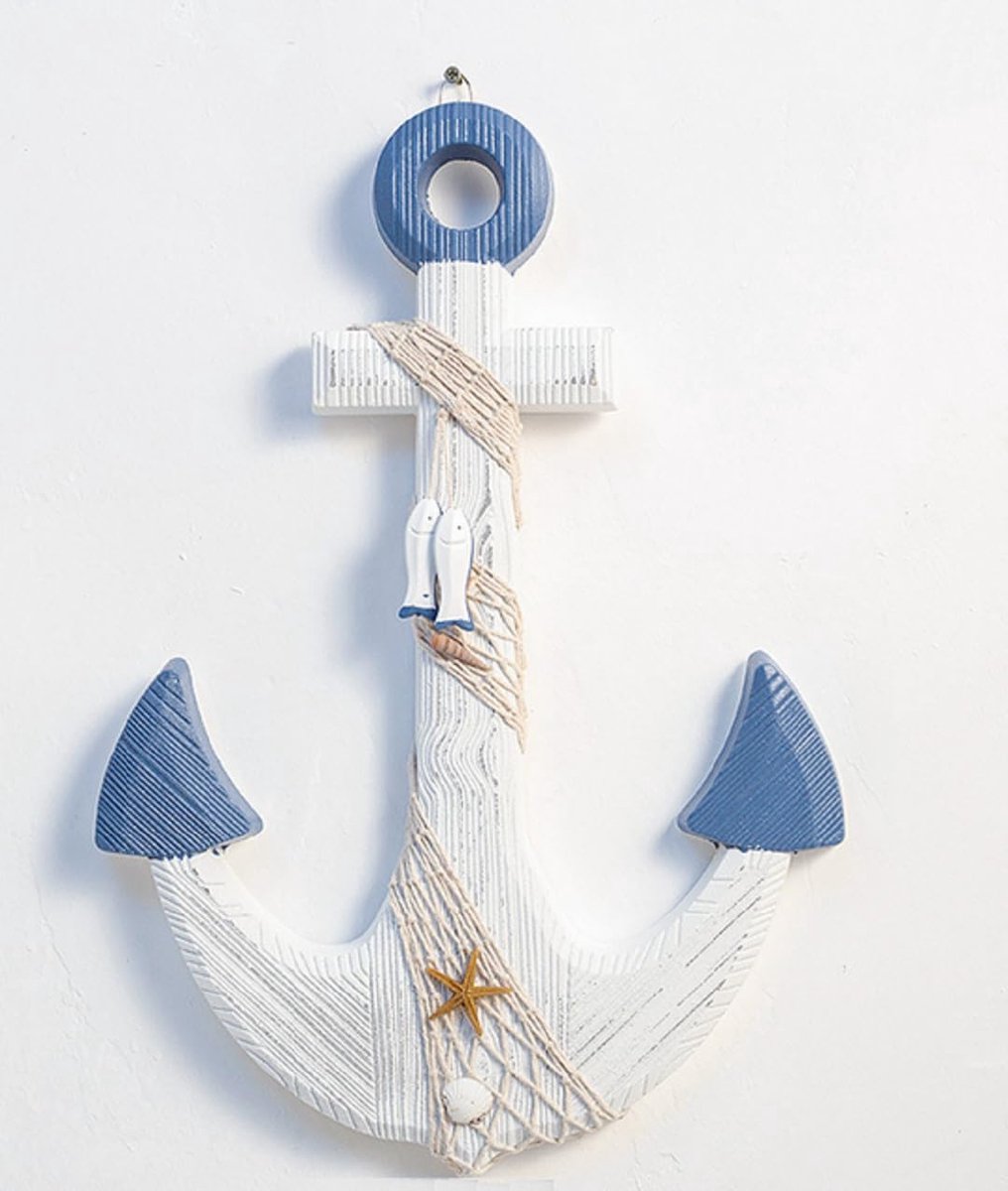 Houten Anker Decoratie - Nautisch Muurkunst - Strandhuis Inrichting - Rustiek Handgeschilderd - 45x32cm - Blauw Wit
