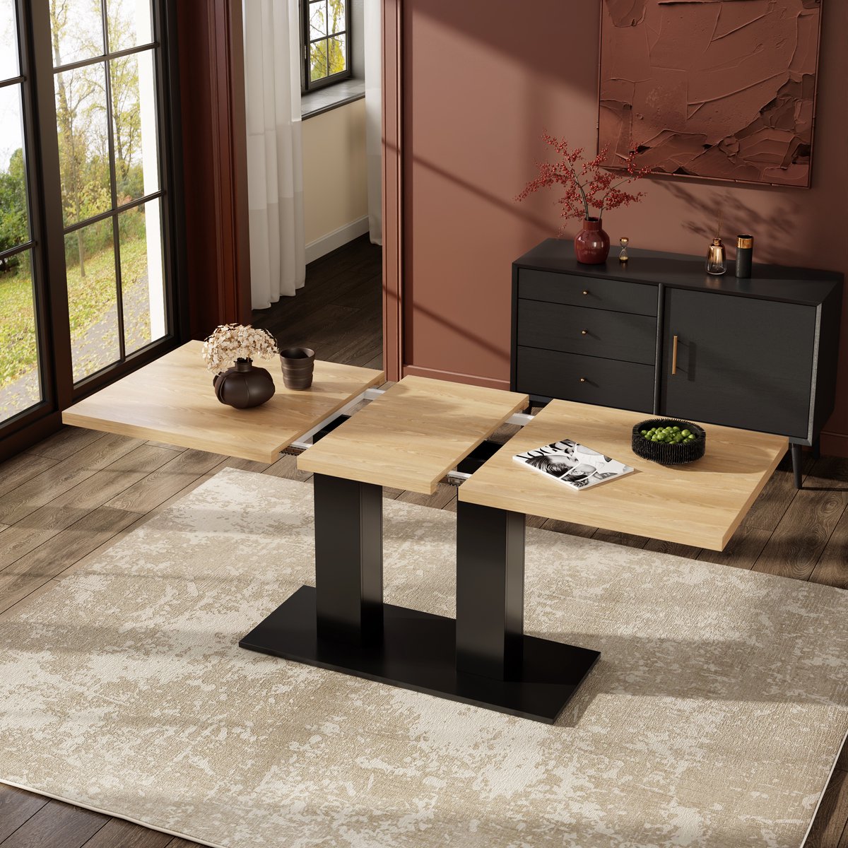 Uitschuifbare eettafel - 140/180x70 cm - geschikt voor 6-8 personen - rechthoekig - dik tafelblad - eenvoudige stijl - houtkleur