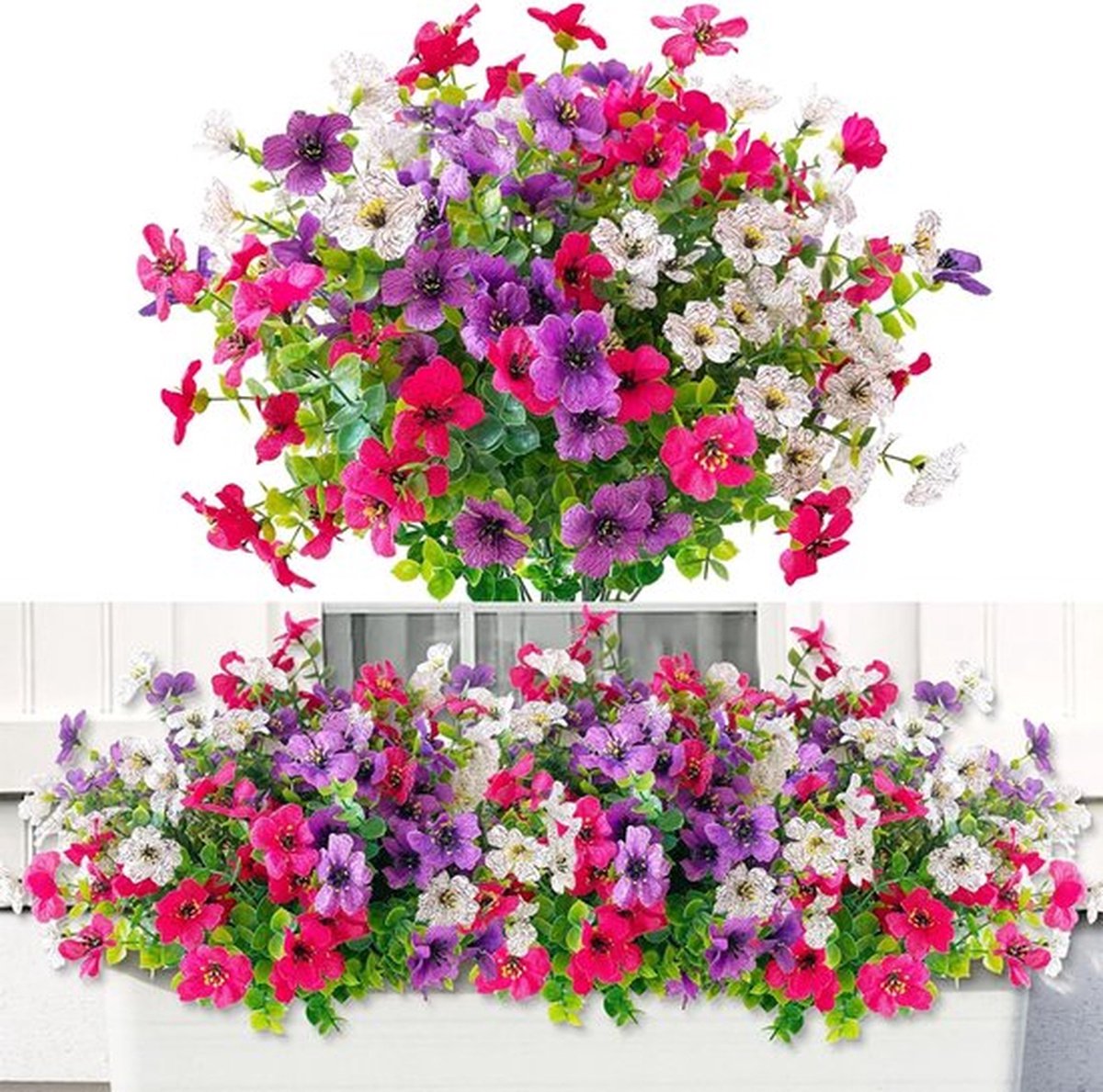 6 bundels kunstbloemen voor buiten, kleurrijke kunstbloemen, UV-bestendig, kunstbloemenboeket voor buiten, binnen, tuin, verandadecoratie (Wit, Roosrood, Paars)