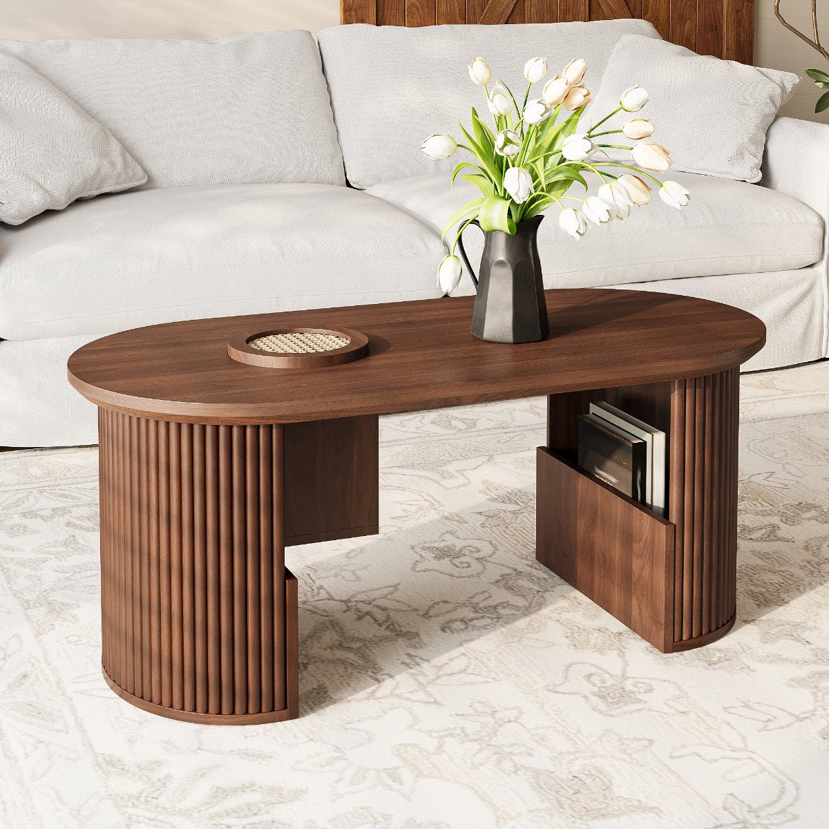 Salontafel - Walnoot - Verticale Textuur - 105x50cm - 46,5cm Hoogte