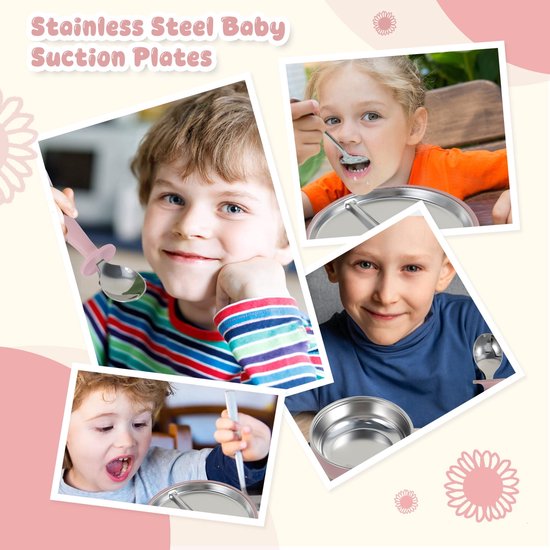 Collage van kinderen die eten met roestvrijstalen servies. Een jongen met een streepjestrui en een meisje met een oranje shirt. RVS baby borden met zuignap.