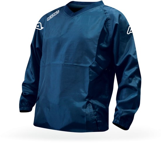 Donkerblauwe windjack met lange mouwen, V-hals, elastische manchetten en Acerbis logo op de schouders.