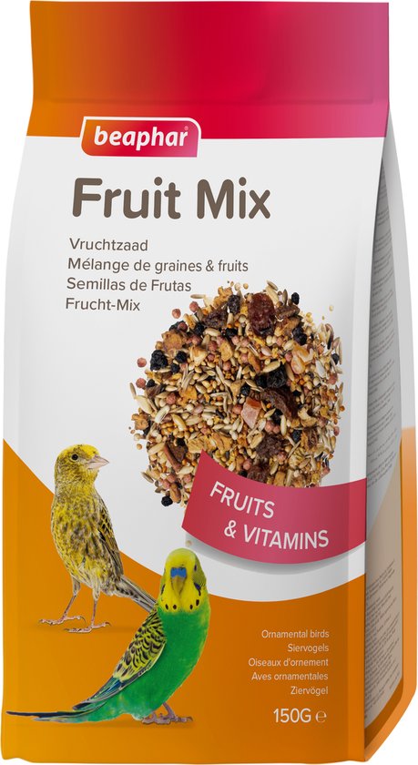 Beaphar Fruit Mix vogelvoer verpakking met twee vogels en 150g aanduiding.