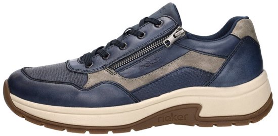 Blauwe Rieker sneaker met veters, ritssluiting en grijs detail.