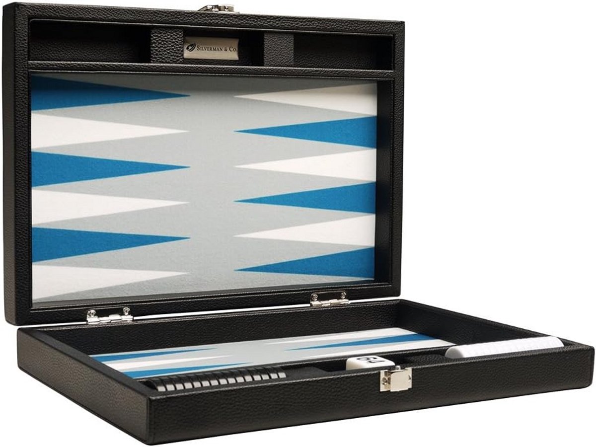 Premium Reistas Backgammon Set met Zwarte Revers en Blauwe Stippen